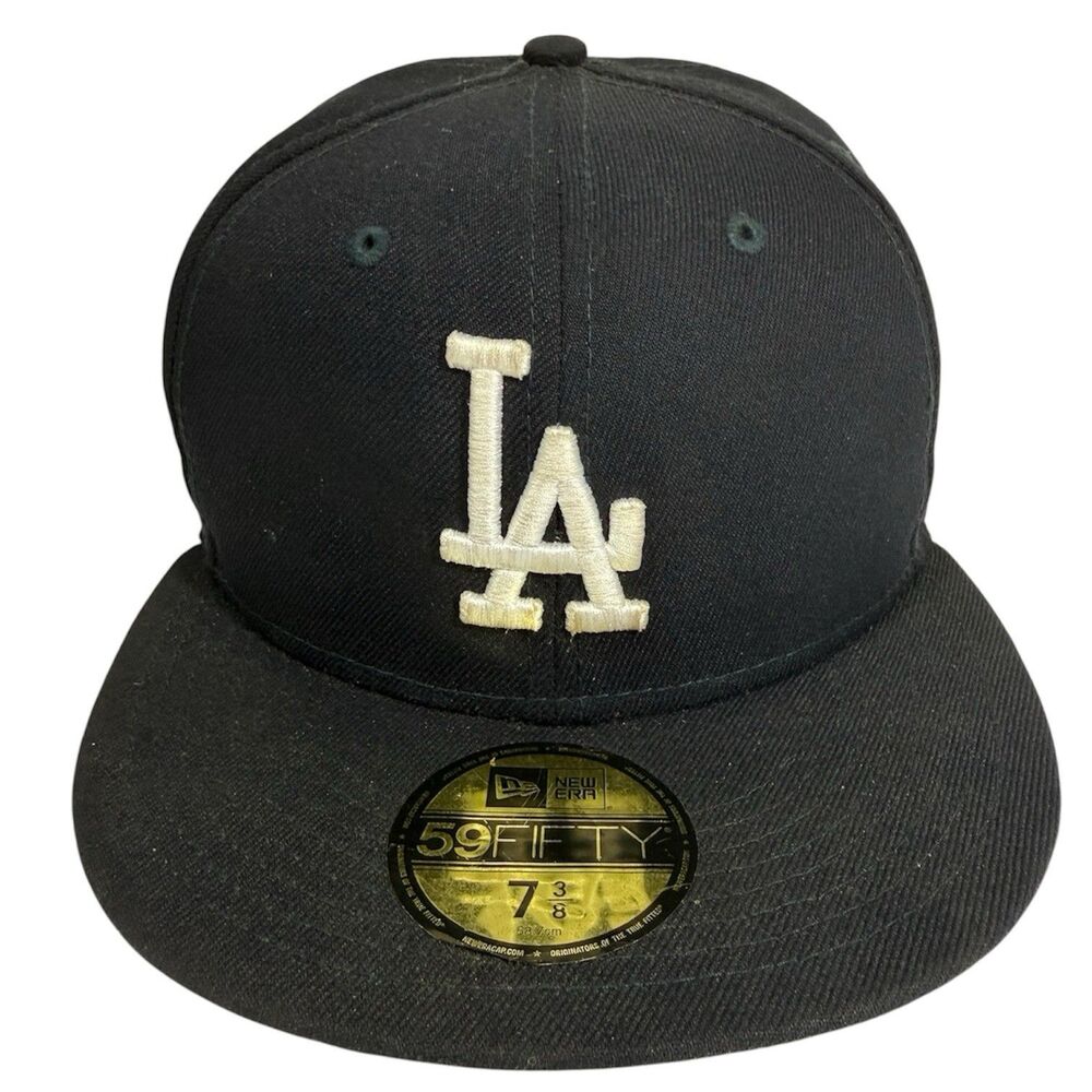 New Era 59Fifty Cap LA Black White Fitted Hat 7 3/8 Los Angeles Dodgers